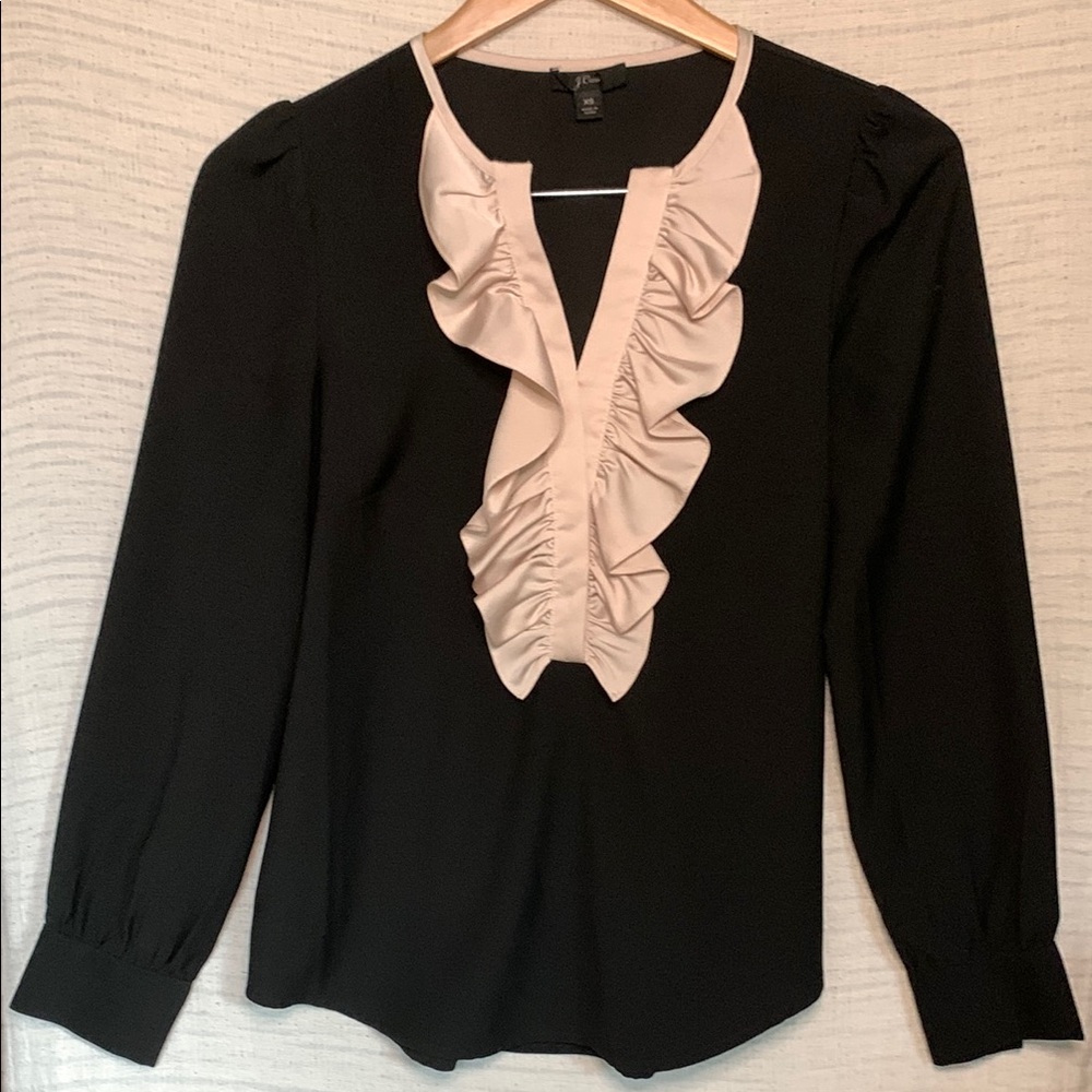 J. Crew Black and Cream Ruffled Bib Collar Blouse